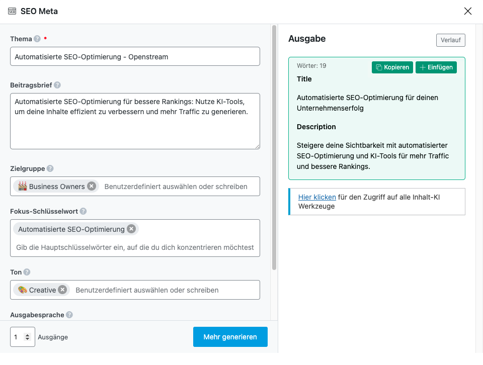 Automatisierte SEO-Optimierung - Screenshot RankMath Content AI